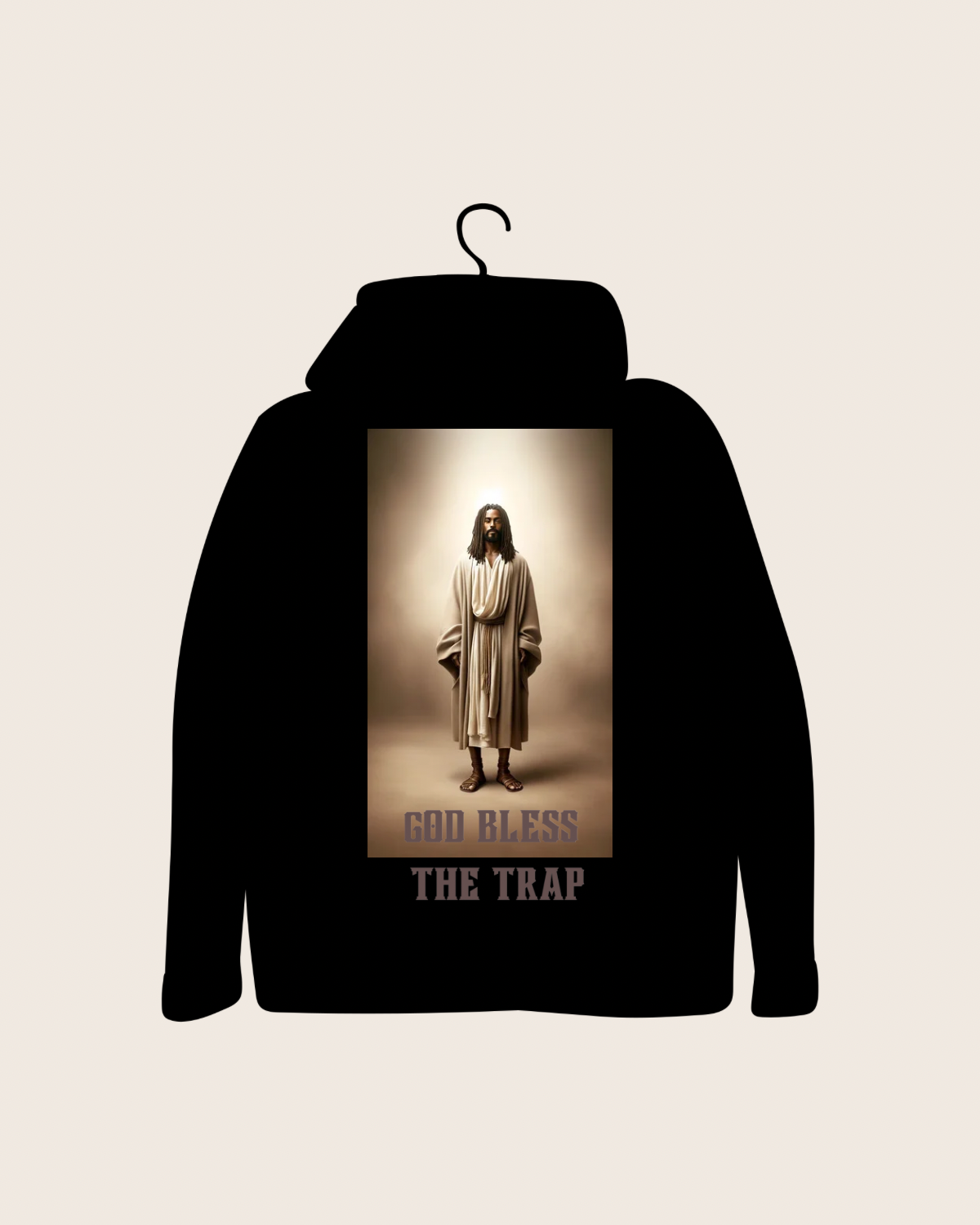 God Bless the Trap, Black Oversized, Heavy Cotton Blend, Black Jesus, Free the Trappers Merch, Crenshaw District, Puff lettering, Neutral colors